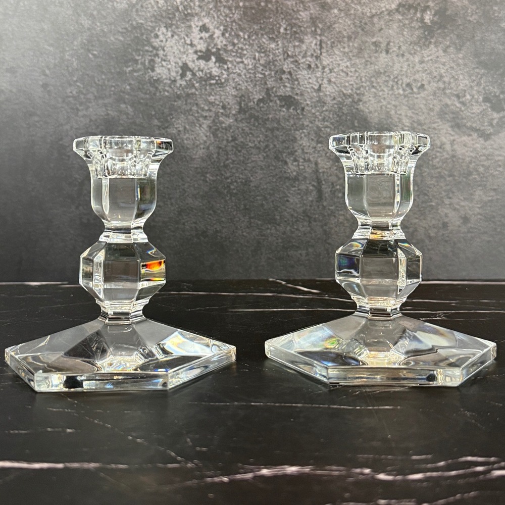Vintage Val Saint Lambert MCM Crystal 4 3/4" Candlesticks Pair Signed‎ Hexagon